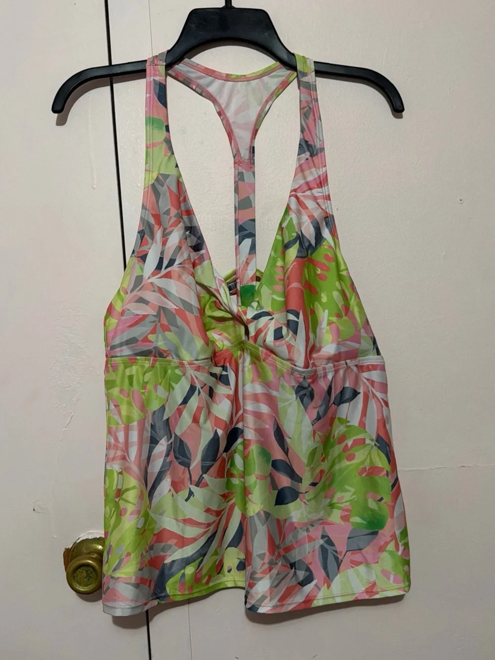 Tropical Leaf Print Racerback Tankini Top - Pink & Lime - Picture 1 of 4